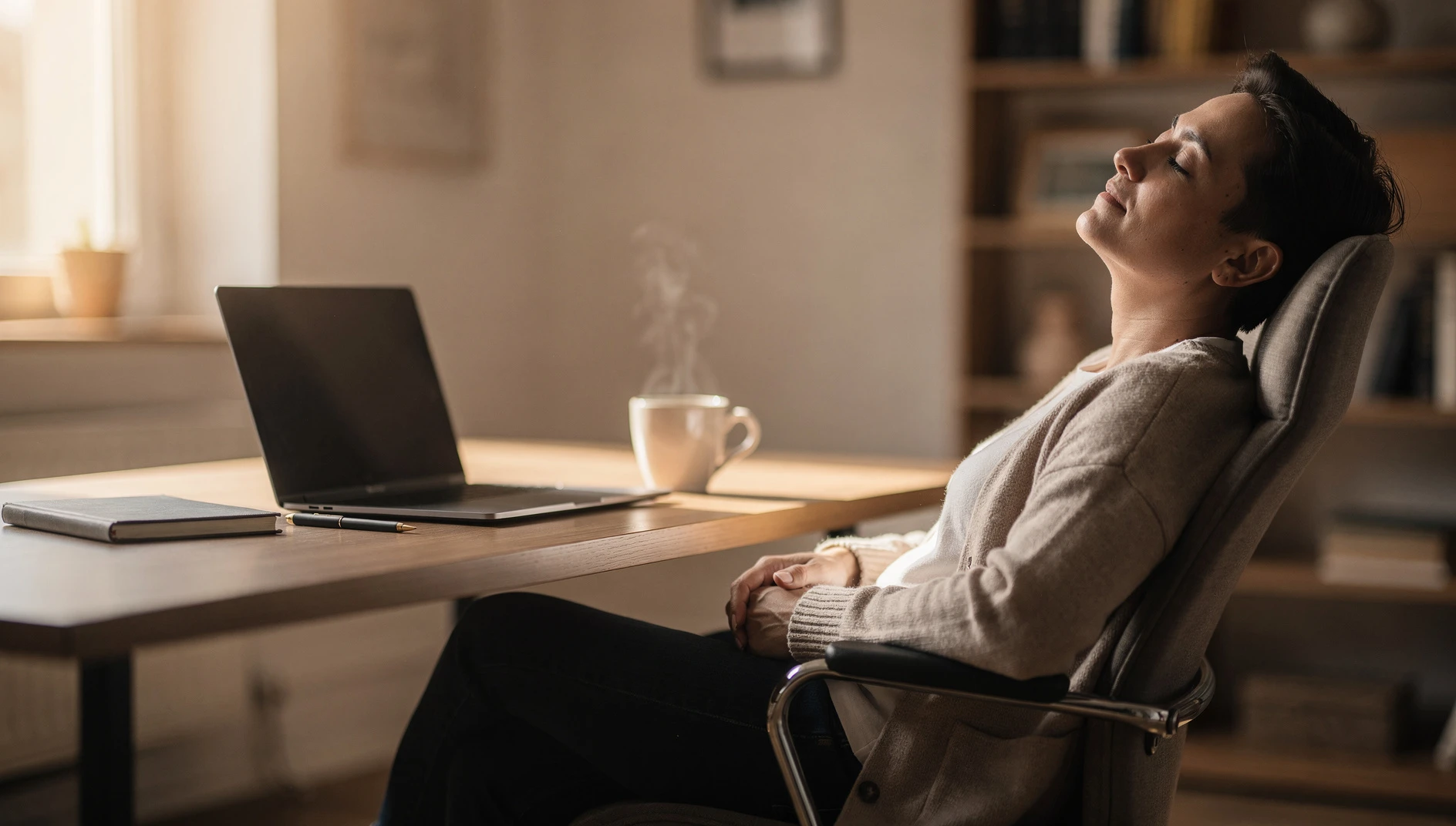 A professional taking a break from a laptop at a desk with soft afternoon light and coffee nearby